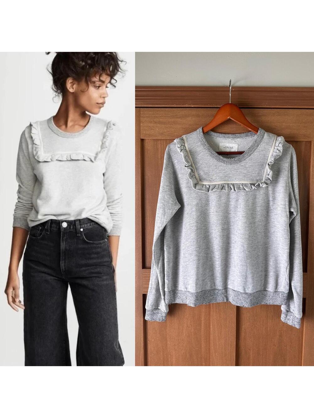 The GREAT. The Shrunken Bib Crewneck Sweatshirt Heather Grey Women’s sz 1 Small